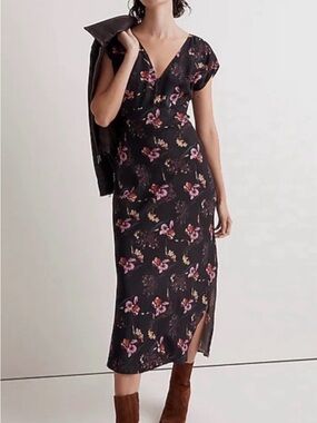 Madewell Black Floral V-Neck Midi Dress boho size 2